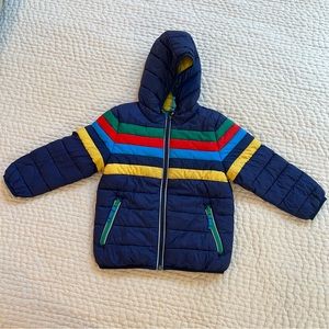 Boden Cosy Packaway Jacket in Navy Collegiate Rainbow, Water-resistant